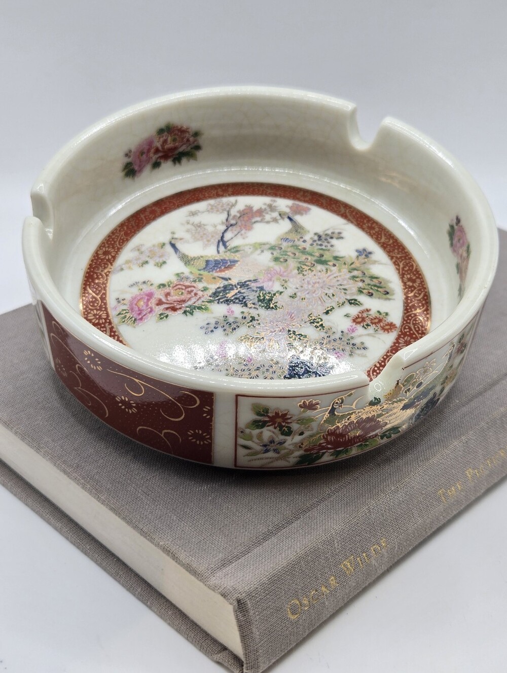 Vintage Japanese Satsuma Ashtray Peacock chrysanthemum Mid Century Chinoiserie